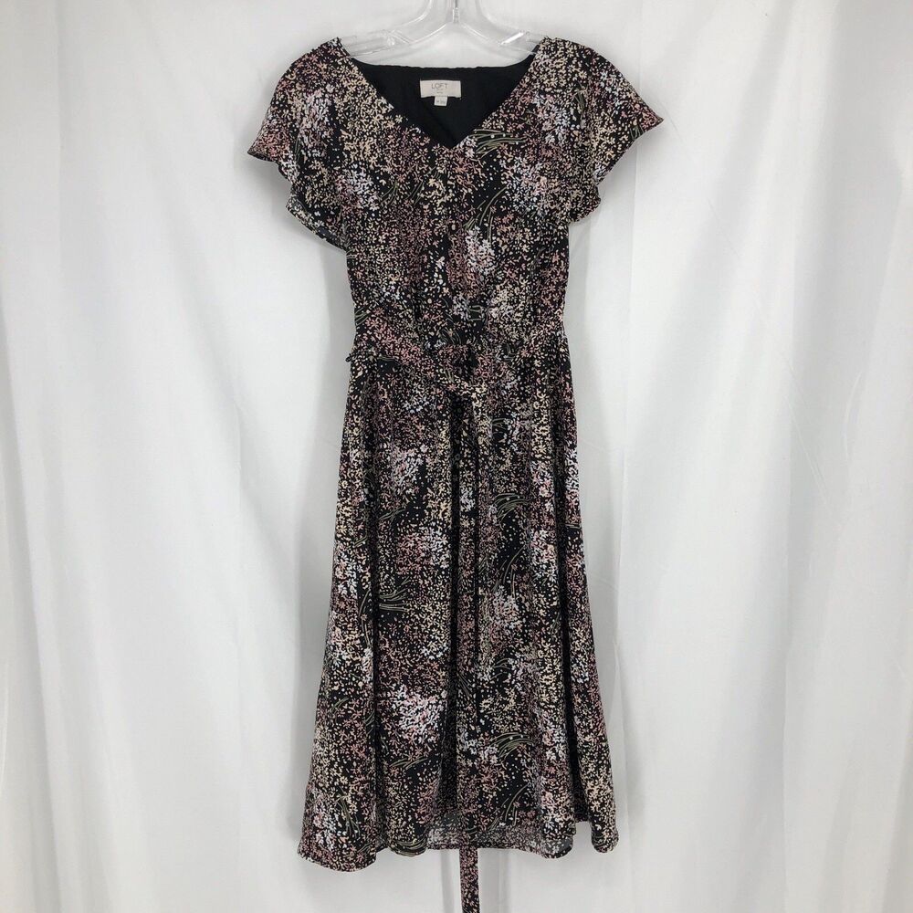Loft Dress Medium Petite Tie Front Black Pink Ditsy Micro Floral